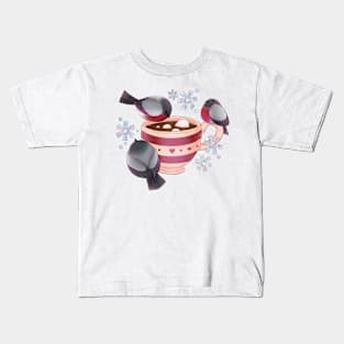 Winter hot chocolate and bullfinch Kids T-Shirt